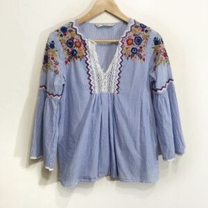 Zara Boho Peasant Blouse Size Small Striped Embroidered Beaded Floral